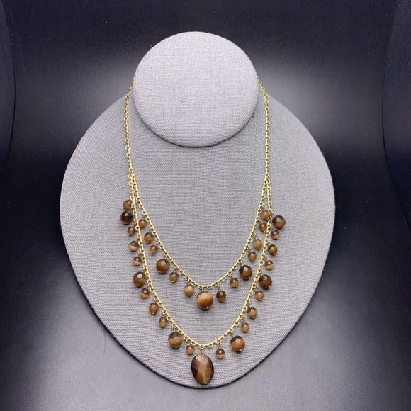 Layered Glass Bead Necklace Chocolate Brown Cats Eye Beaded Gold Tone - Picture 2 of 7